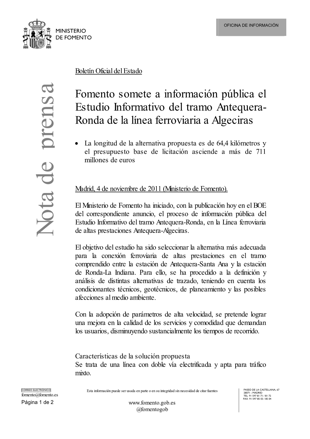 Fomento Somete a Información Pública El Estudio Informativo Del Tramo Antequera- Ronda De La Línea Ferroviaria a Algeciras