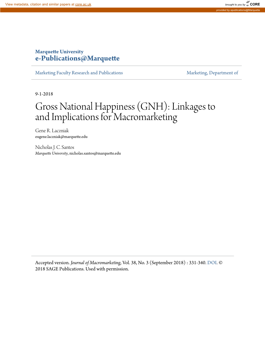 Gross National Happiness (GNH): Linkages to and Implications for Macromarketing Gene R
