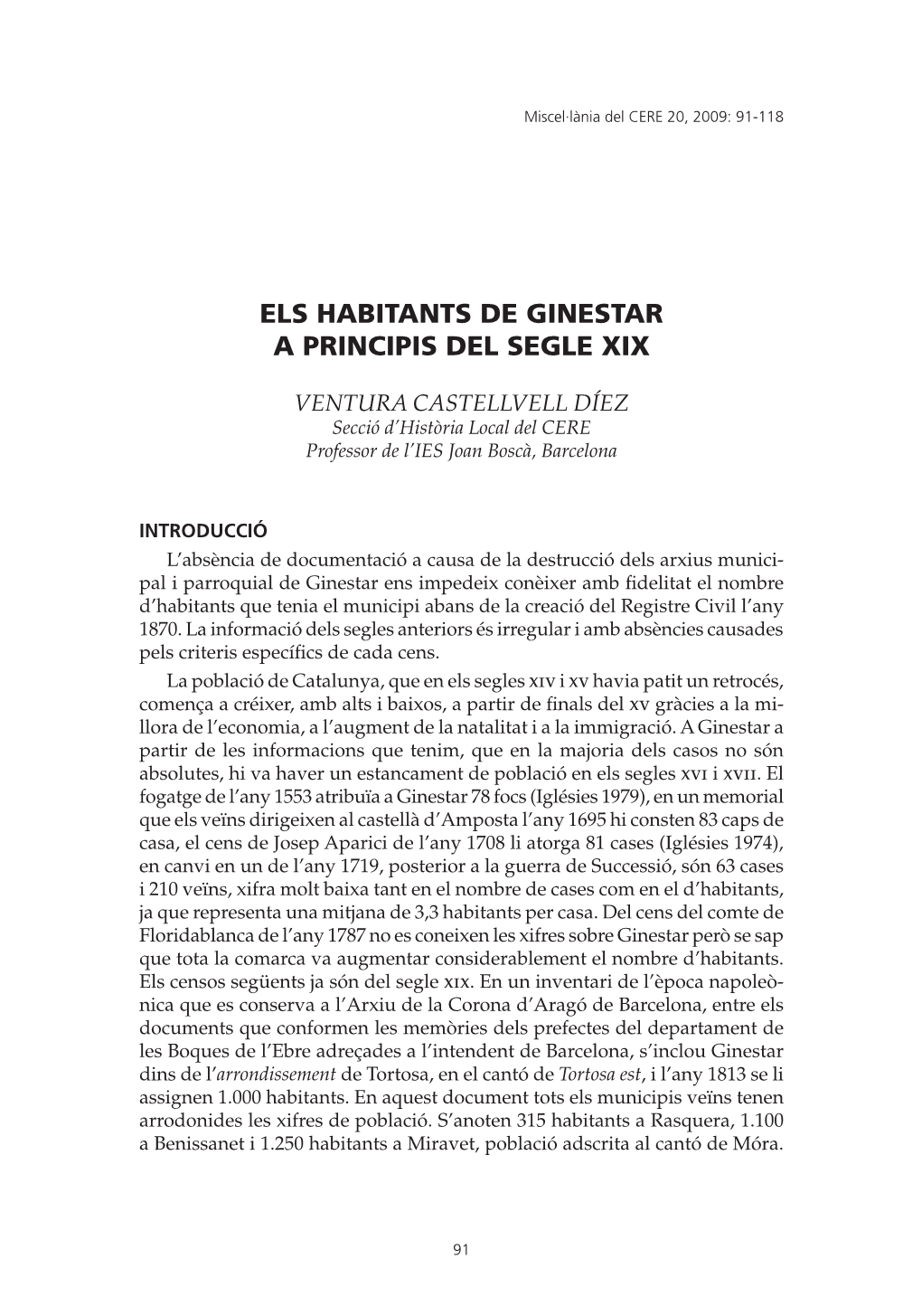 Els Habitants De Ginestar a Principis Del Segle Xix