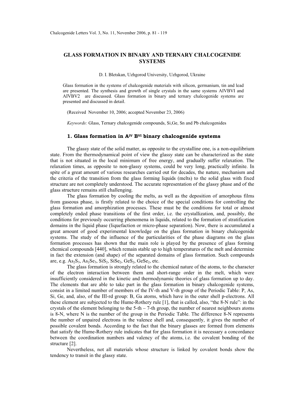D. I. Bletskan " Glass Formation in Binary and Ternary Chalcogenide