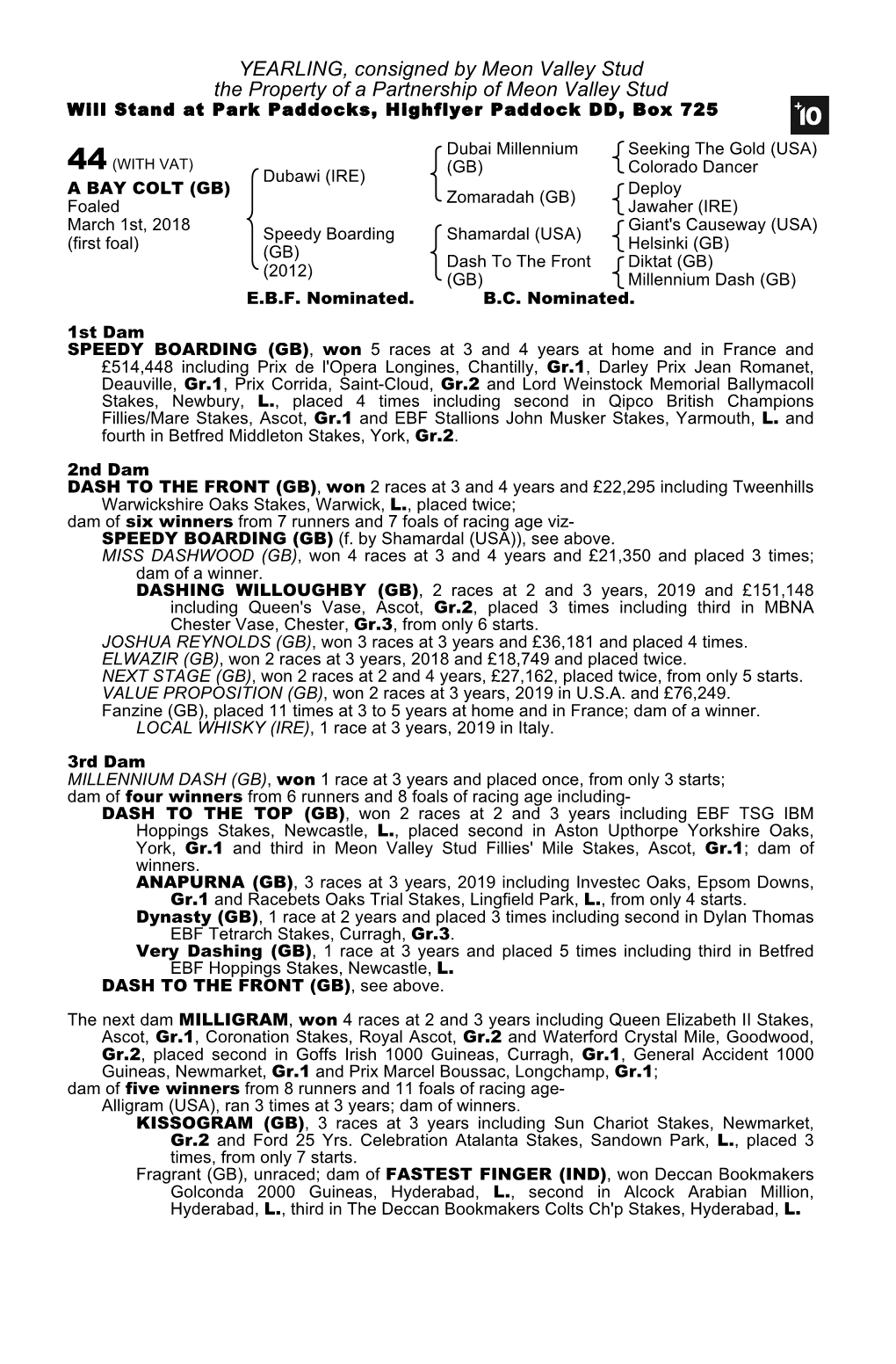 YEARLING, Consigned by Meon Valley Stud the Property of a Partnership of Meon Valley Stud Will Stand at Park Paddocks, Highflyer Paddock DD, Box 725