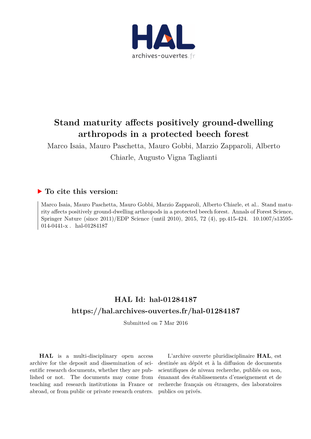 Stand Maturity Affects Positively Ground-Dwelling Arthropods in a Protected Beech Forest