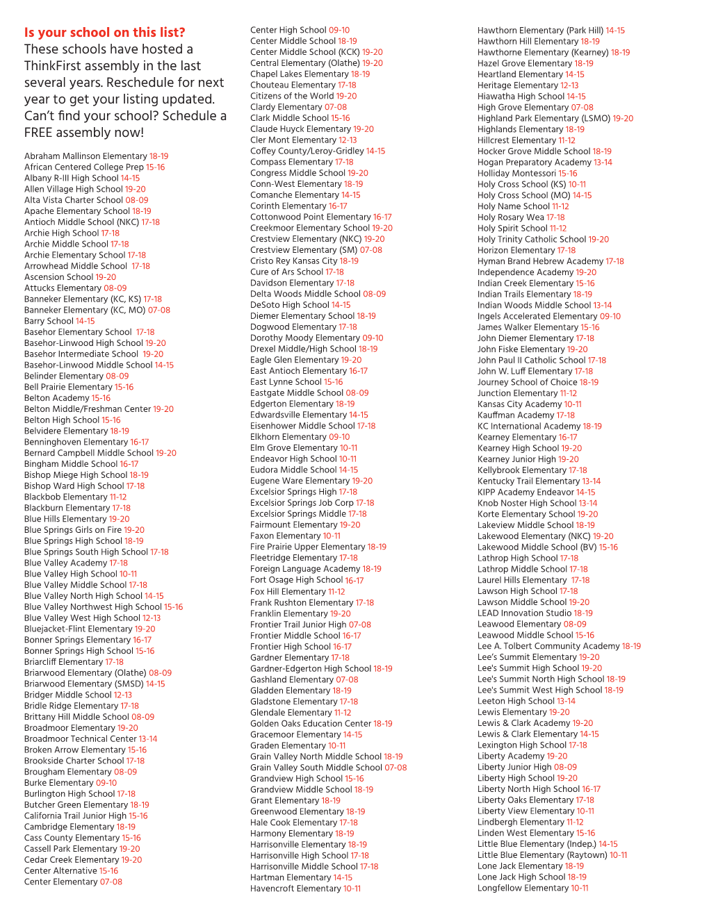 Is Your School on This List? These Schools Have Hosted a Thinkfirst