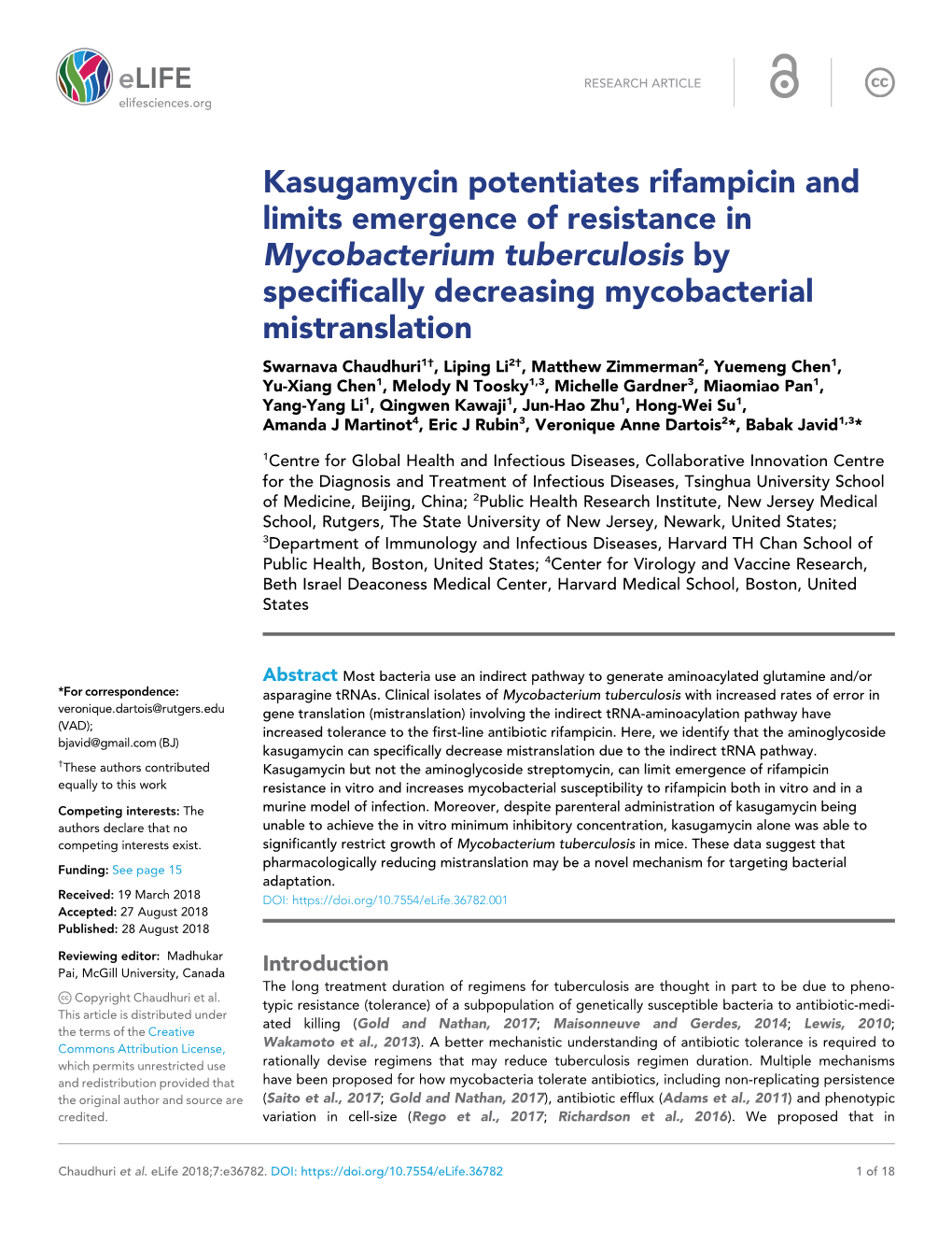 Kasugamycin Potentiates Rifampicin and Limits Emergence of Resistance