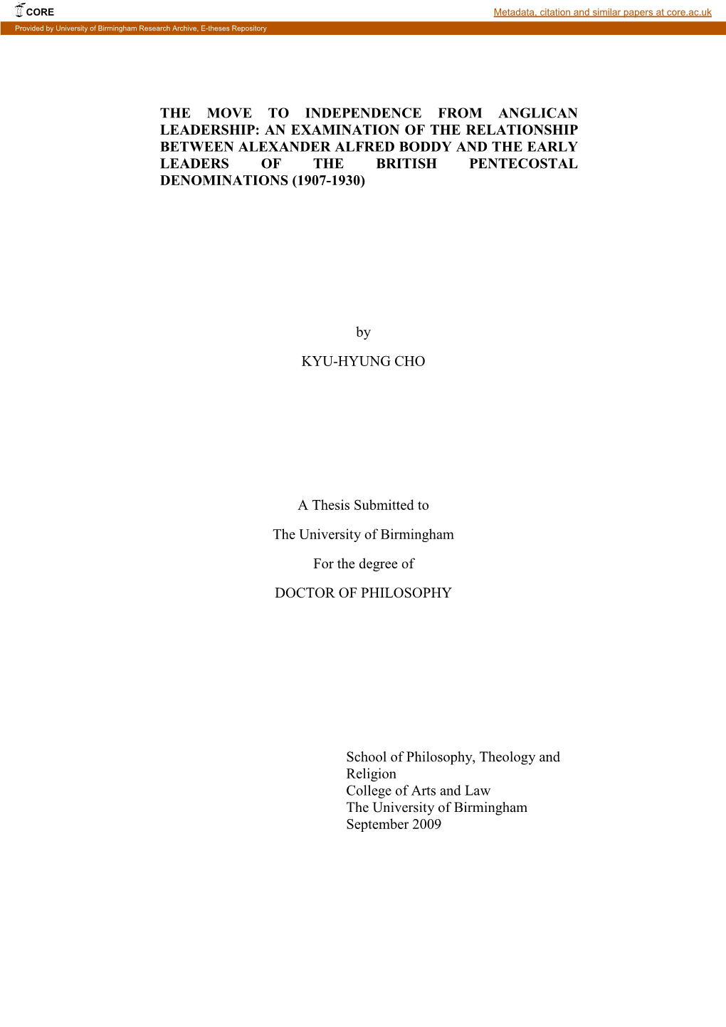 The Move to Independence from Anglican Leadership: an Examination of the Relationship Between Alexander Alfred Boddy and The