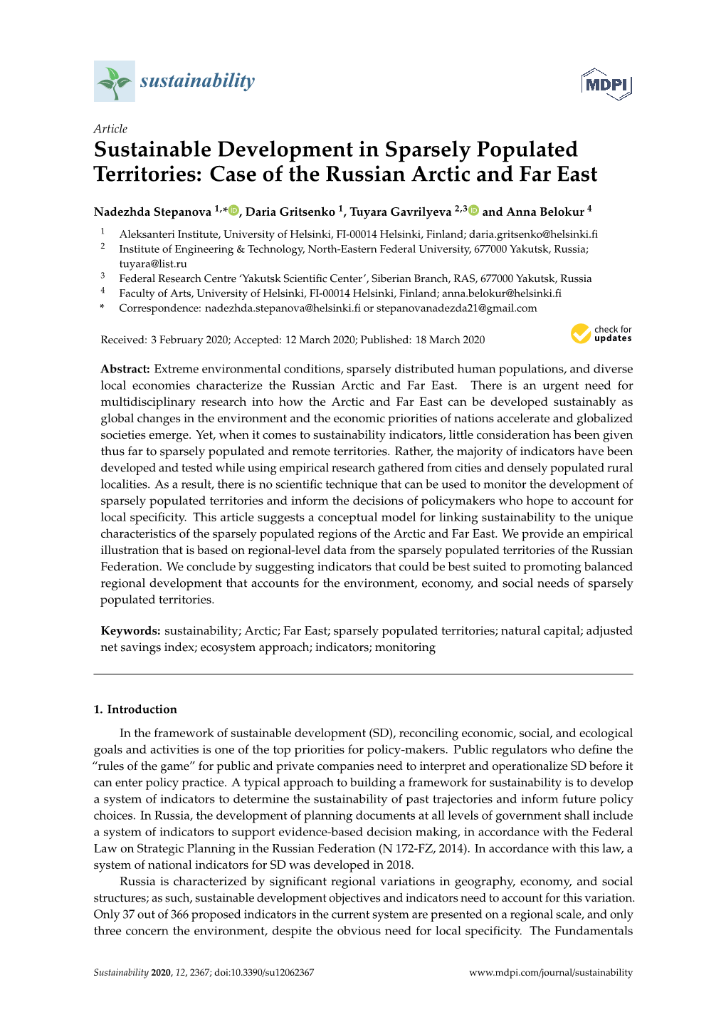 Sustainable Development in Sparsely Populated Territories: Case of the Russian Arctic and Far East