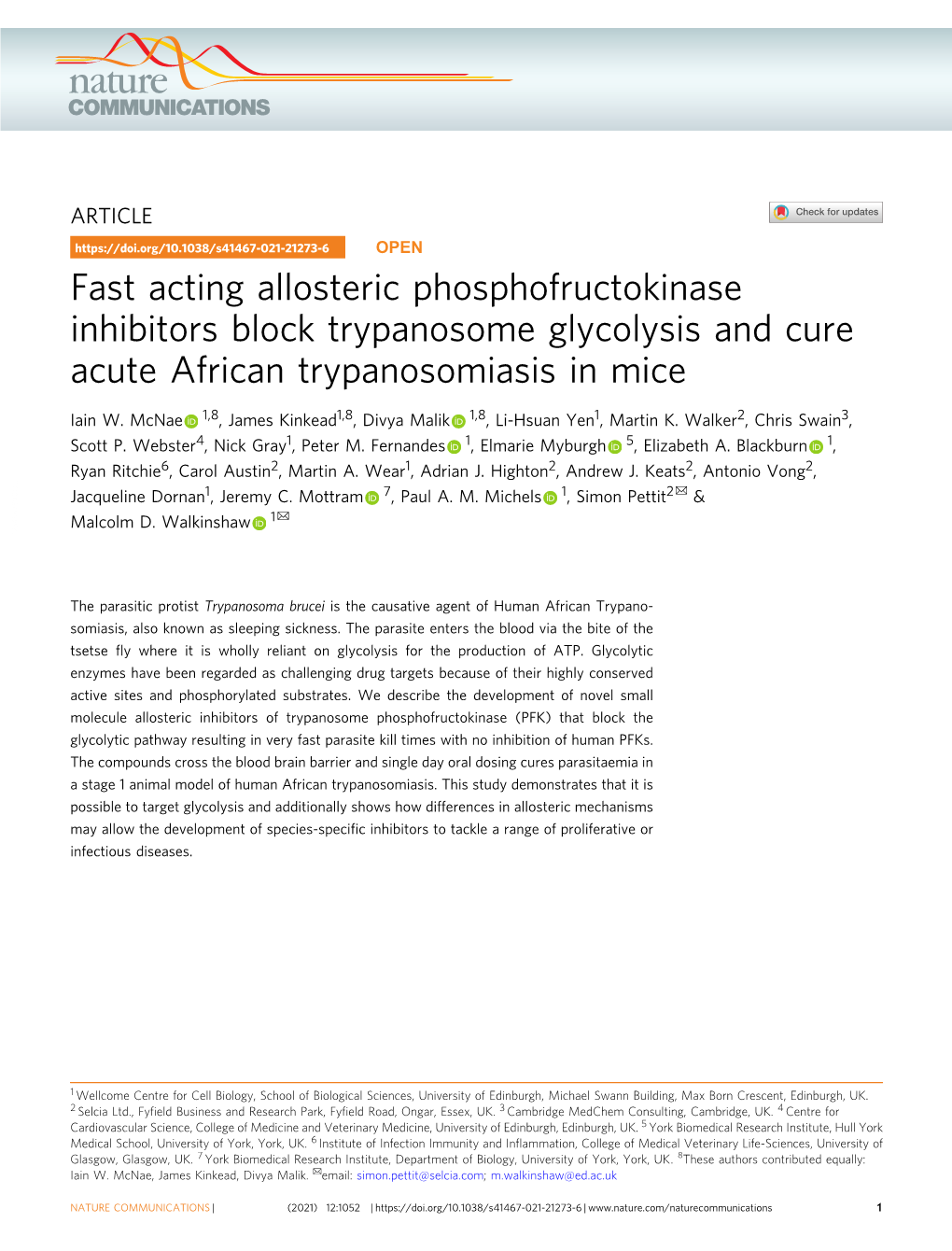 Fast Acting Allosteric Phosphofructokinase Inhibitors Block Trypanosome Glycolysis and Cure Acute African Trypanosomiasis in Mice