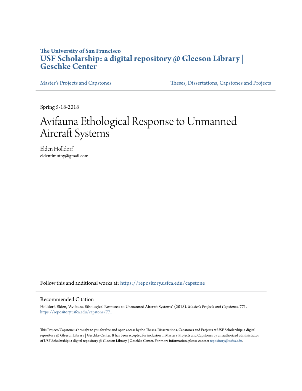 Avifauna Ethological Response to Unmanned Aircraft Systems