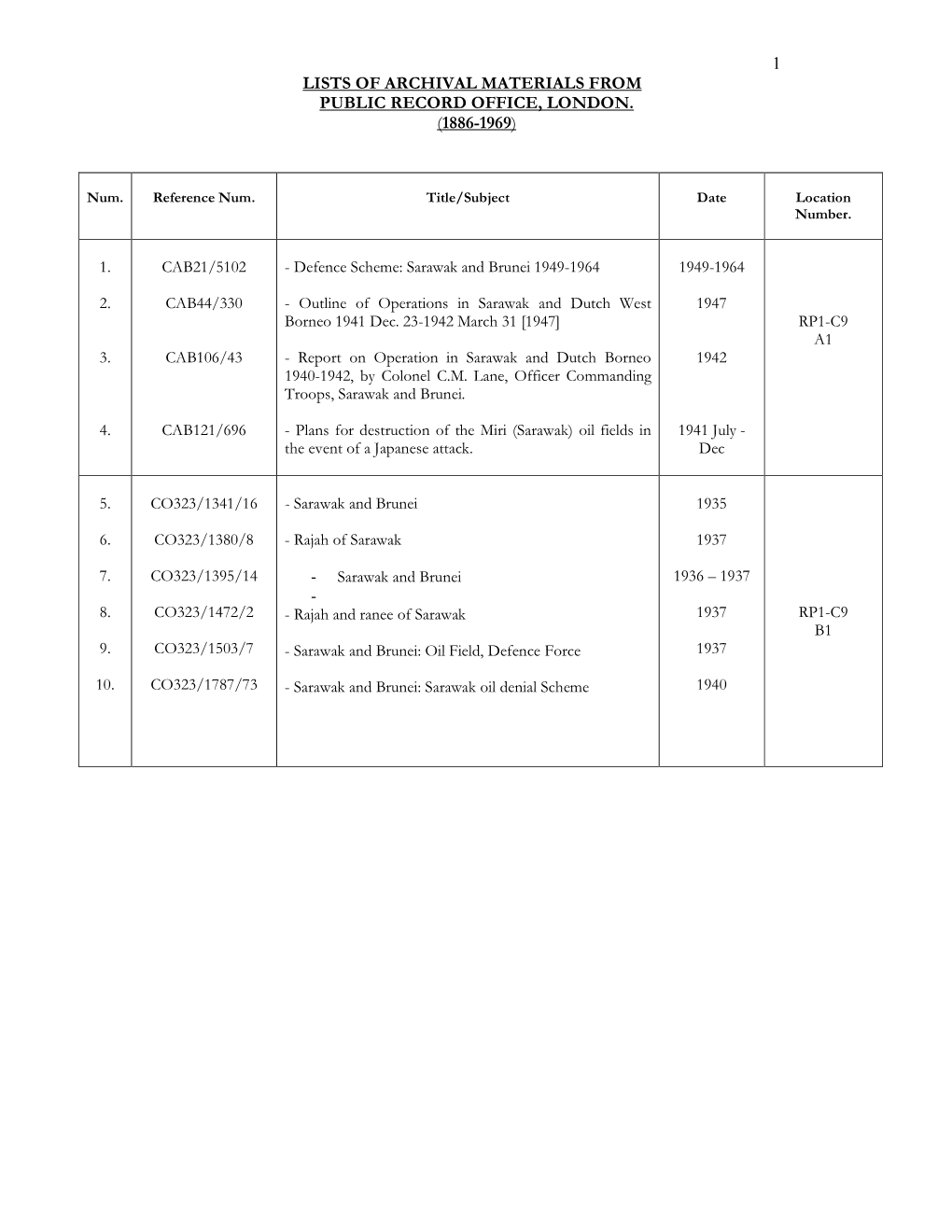 1 Lists of Archival Materials from Public Record Office, London