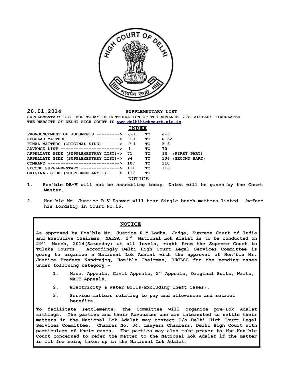 20.01.2014 Supplementary List Supplementary List for Today in Continuation of the Advance List Already Circulated