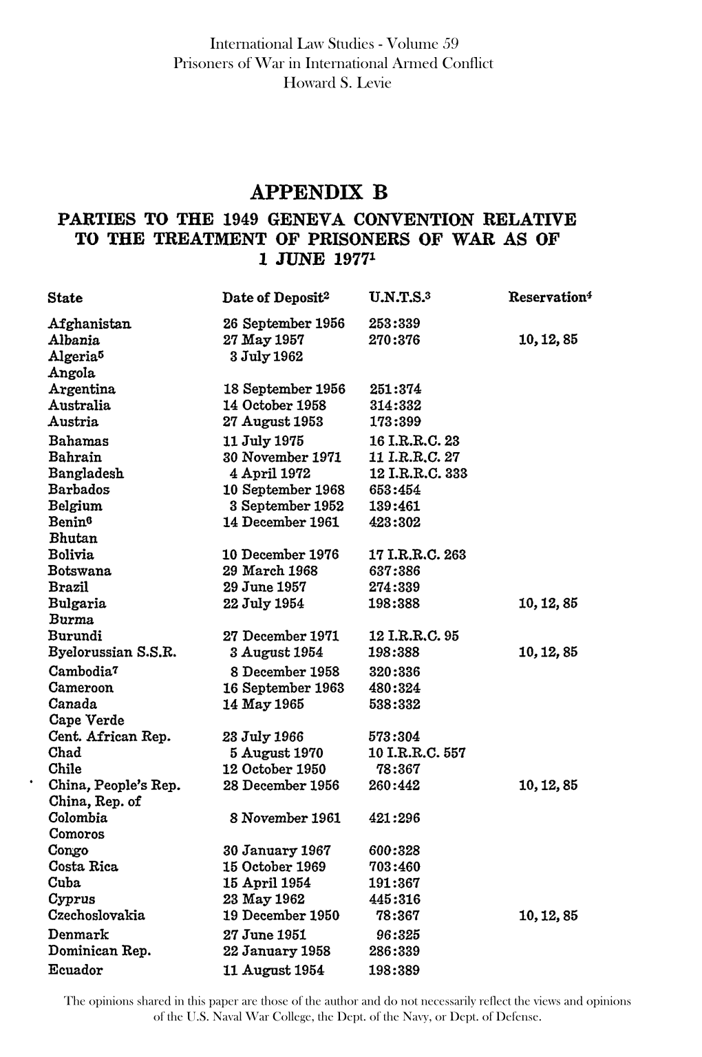 Appendix B Parties to the 1949 Geneva Convention Relative to the Treatment of Prisoners of War As of 1 June 19771