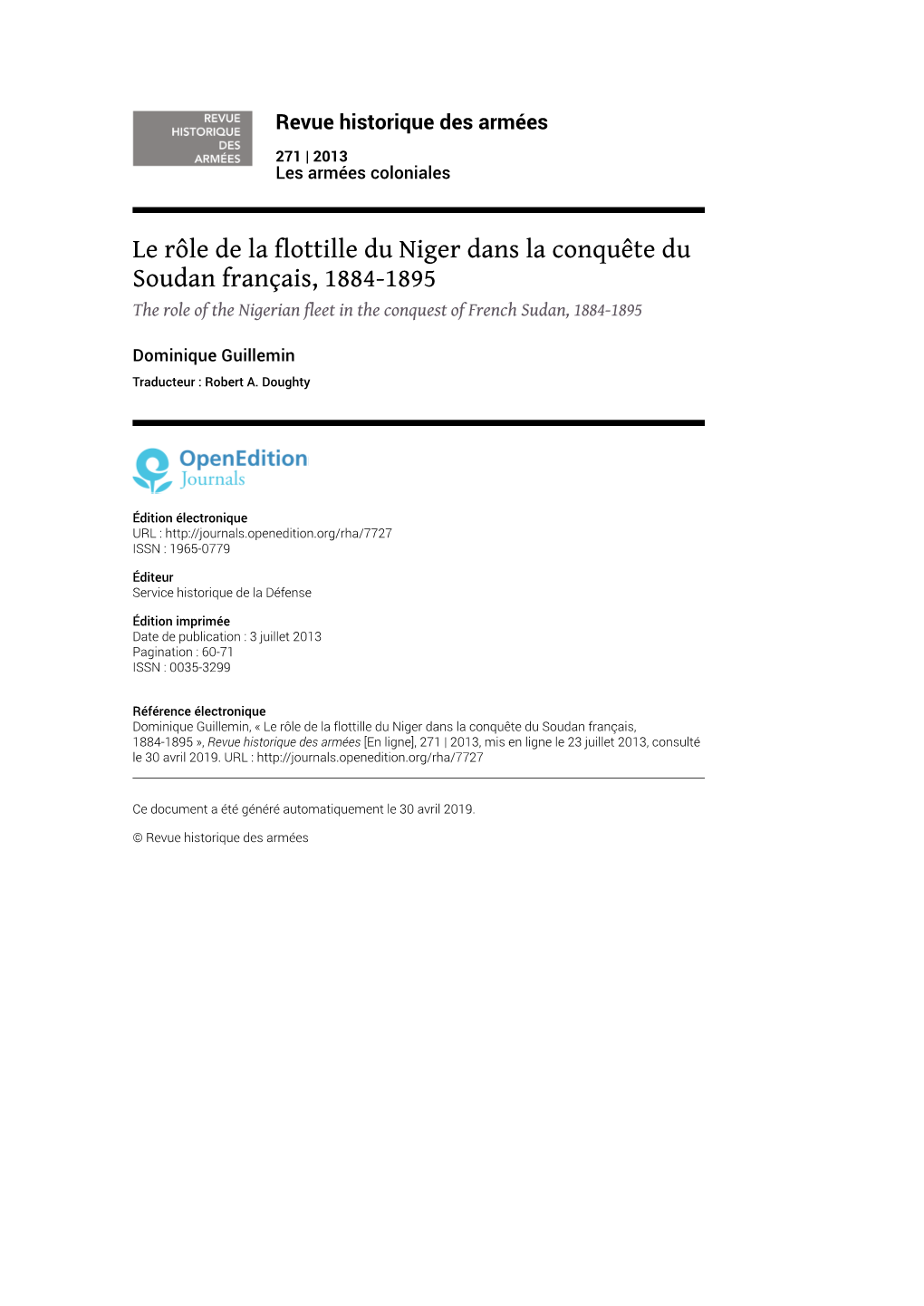 Revue Historique Des Armées, 271 | 2013 Le Rôle De La Flottille Du Niger Dans La Conquête Du Soudan Français, 1884-1895 2