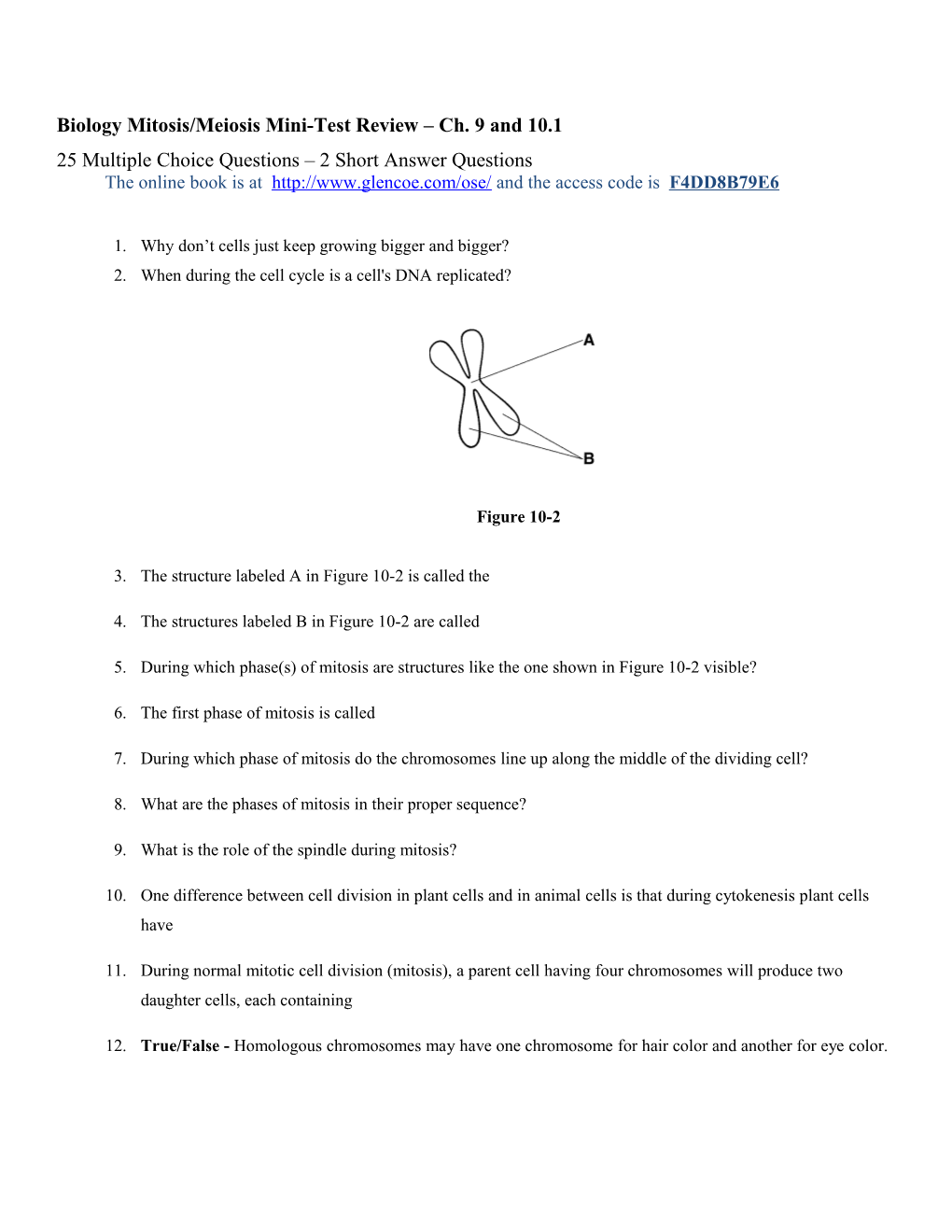 Biology Mitosis/Meiosis Test Review