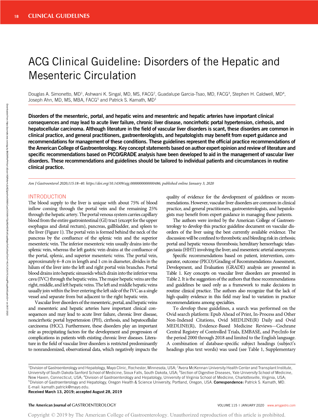 ACG Clinical Guideline: Disorders of the Hepatic and Mesenteric Circulation