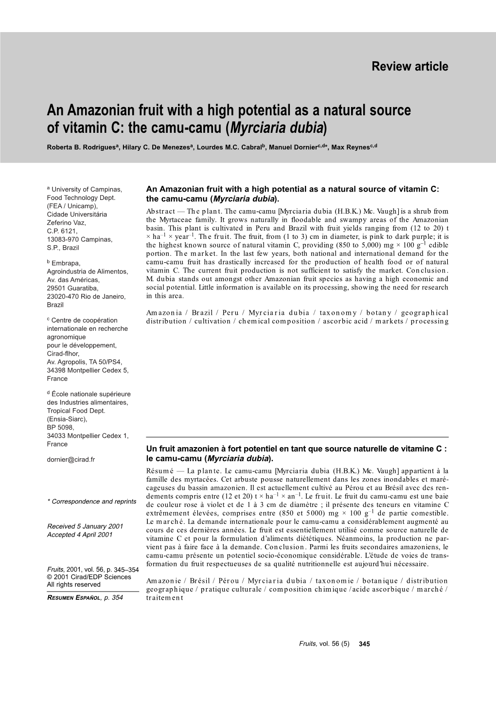 Myrciaria Dubia) Review Article