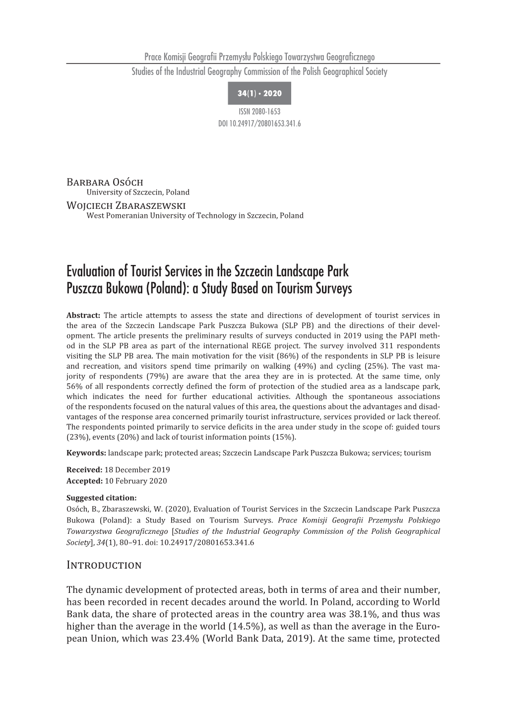 Evaluation of Tourist Services in the Szczecin Landscape Park Puszcza Bukowa (Poland): a Study Based on Tourism Surveys