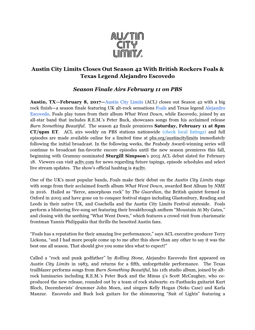 Austin City Limits Closes out Season 42 with British Rockers Foals & Texas Legend Alejandro Escovedo