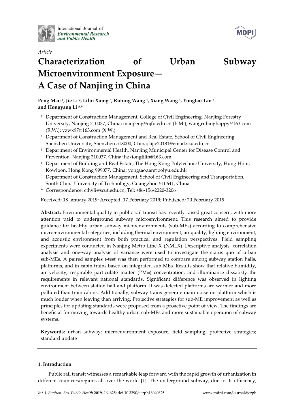 Characterization of Urban Subway Microenvironment Exposure— a Case of Nanjing in China