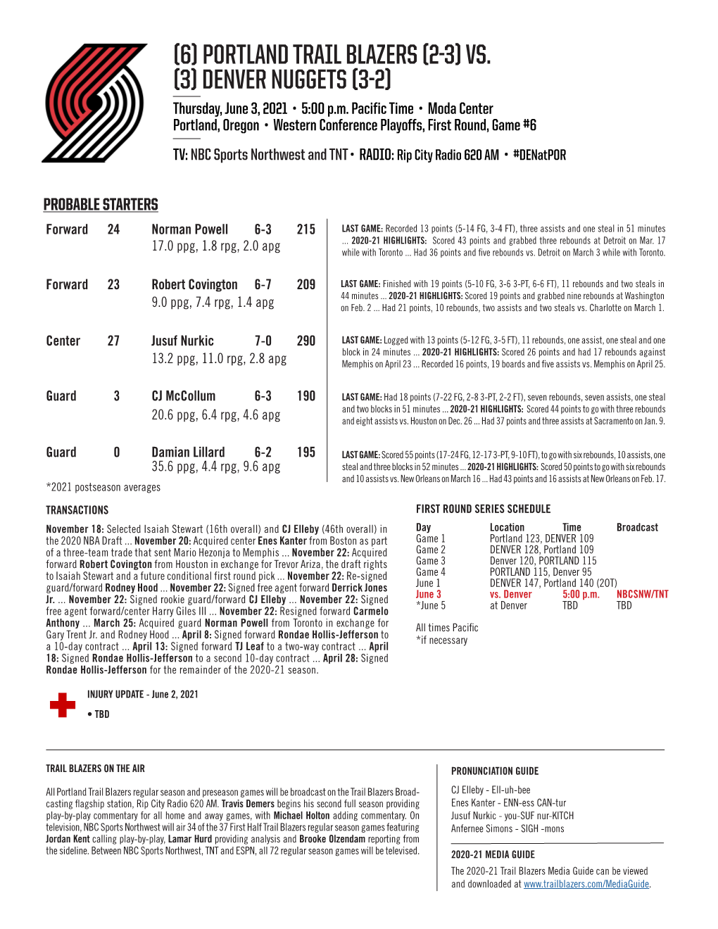 PORTLAND TRAIL BLAZERS (2-3) VS. (3) DENVER NUGGETS (3-2) Thursday, June 3, 2021 • 5:00 P.M