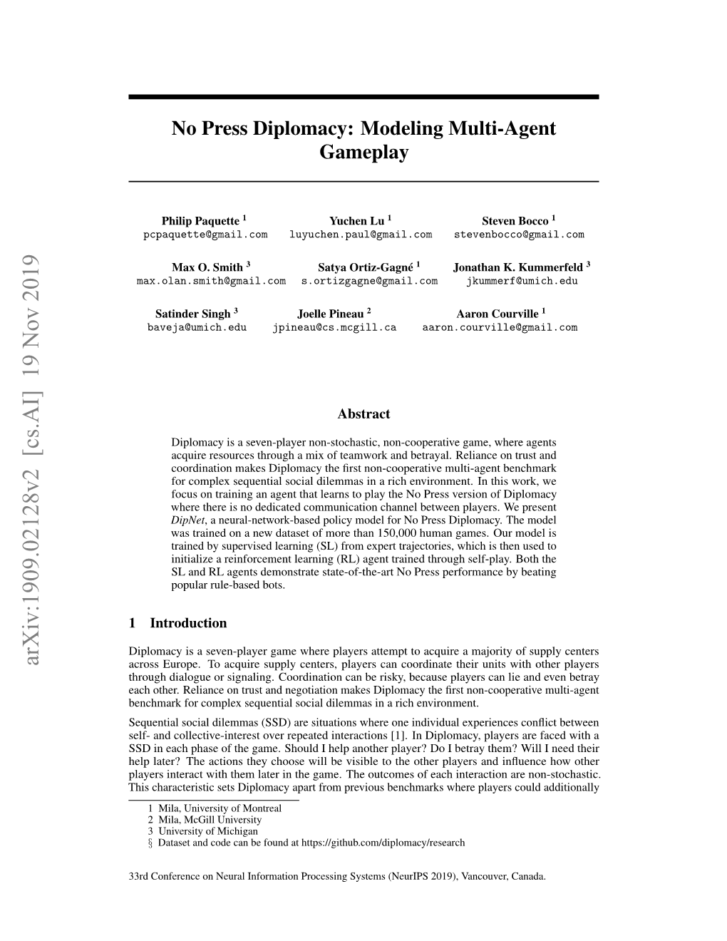 No Press Diplomacy: Modeling Multi-Agent Gameplay