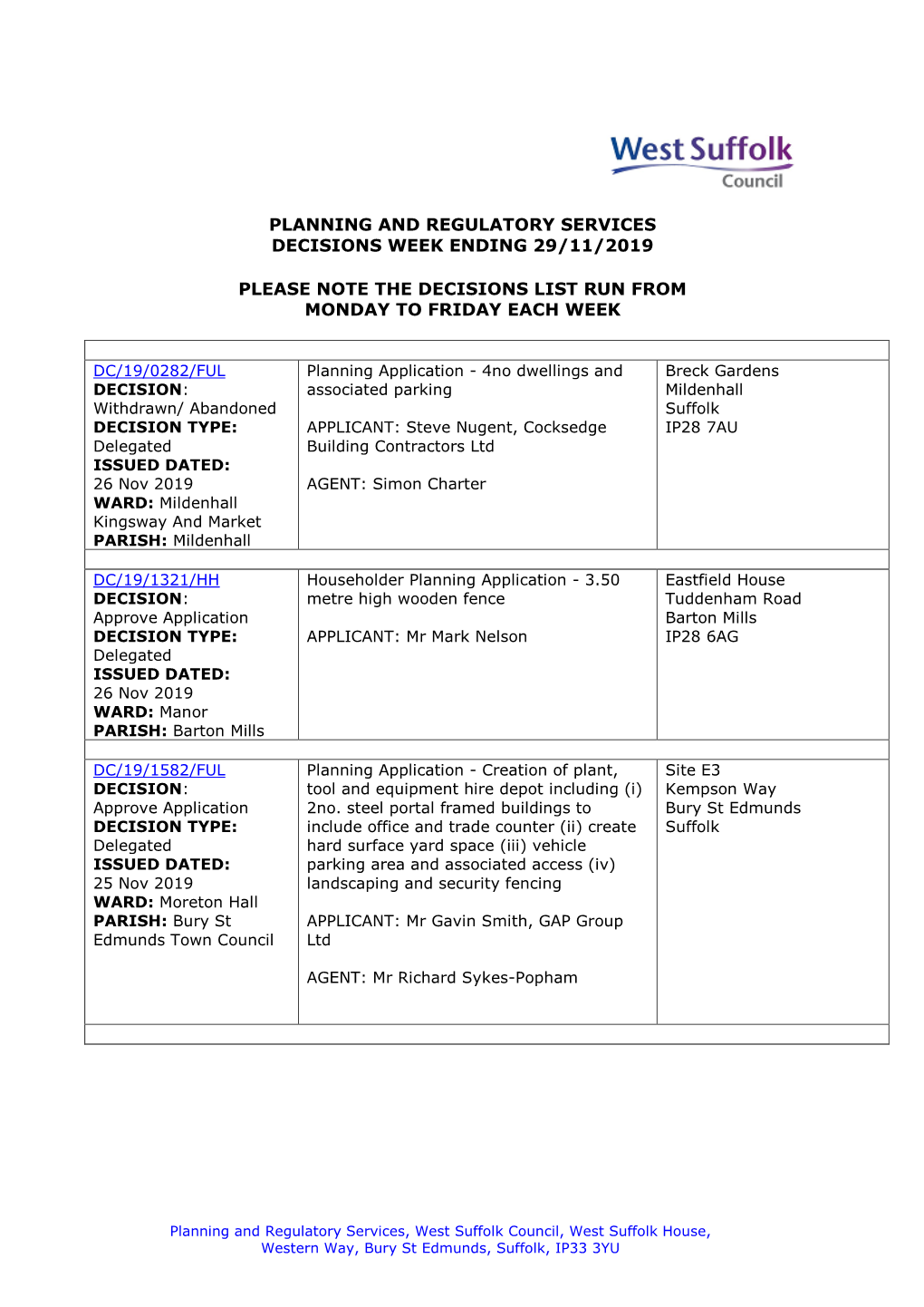 WSC Planning Decisions 48/19