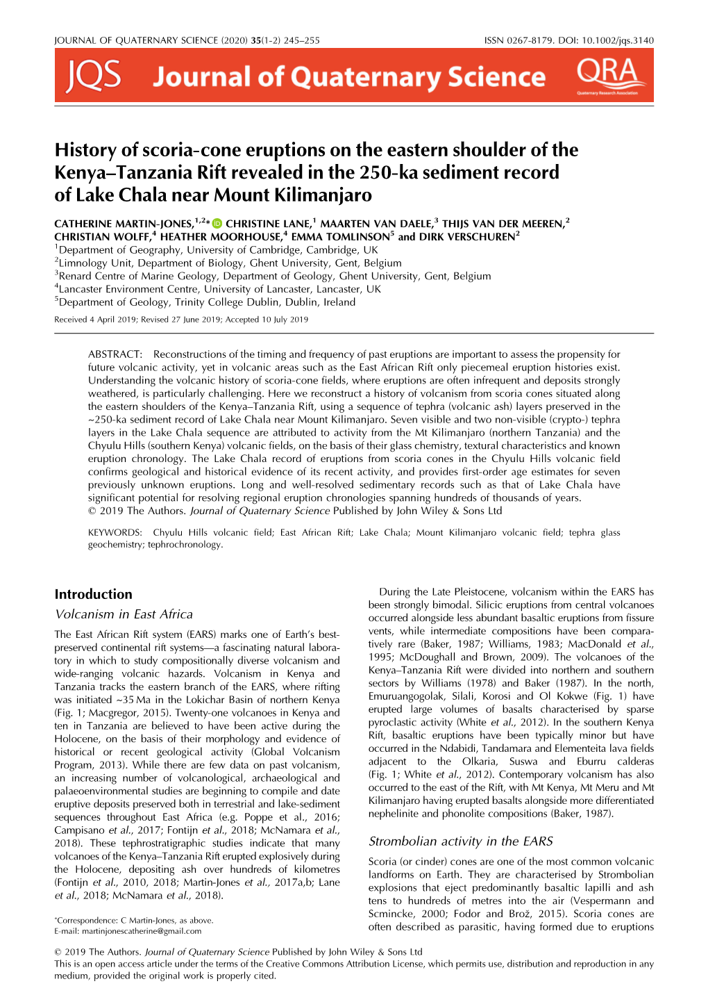 History of Scoria‐Cone Eruptions on the Eastern Shoulder of the Kenya–Tanzania Rift Revealed in the 250‐Ka Sediment Record of Lake Chala Near Mount Kilimanjaro