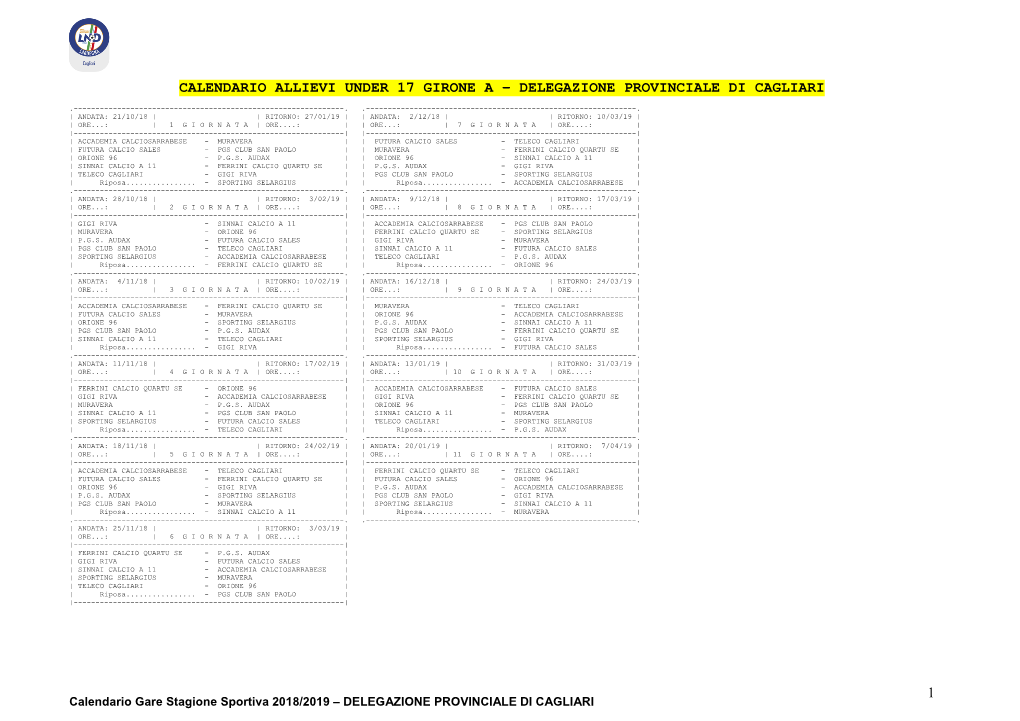 1 Calendario Allievi Under 17 Girone a – Delegazione