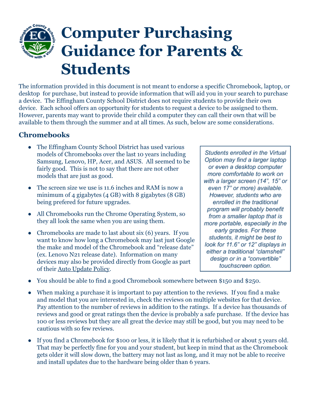 Computer Purchasing Guidance for Parents & Students