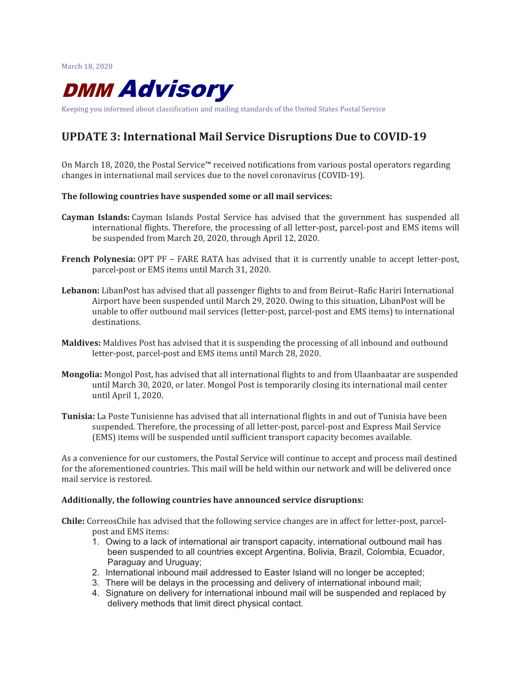 DMM Advisory Keeping You Informed About Classification and Mailing Standards of the United States Postal Service