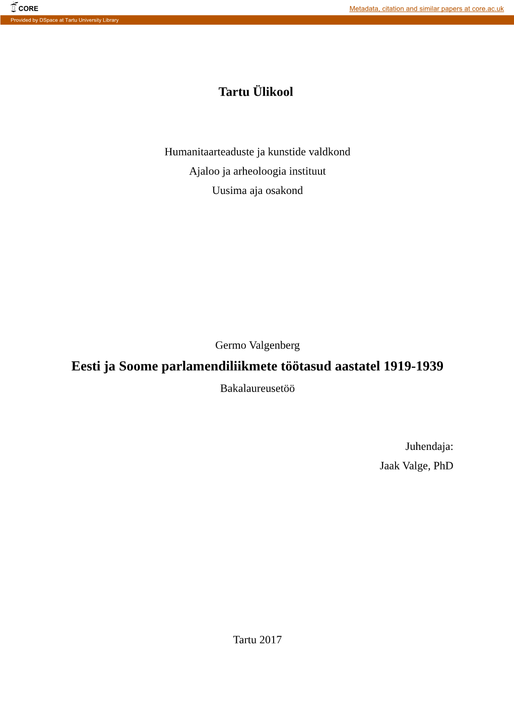 Eesti Ja Soome Parlamendiliikmete Töötasud Aastatel 1919-1939 Bakalaureusetöö