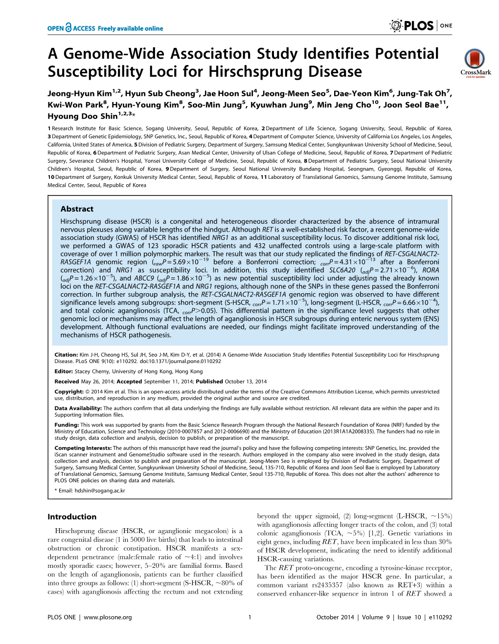 A Genome-Wide Association Study Identifies Potential Susceptibility Loci for Hirschsprung Disease