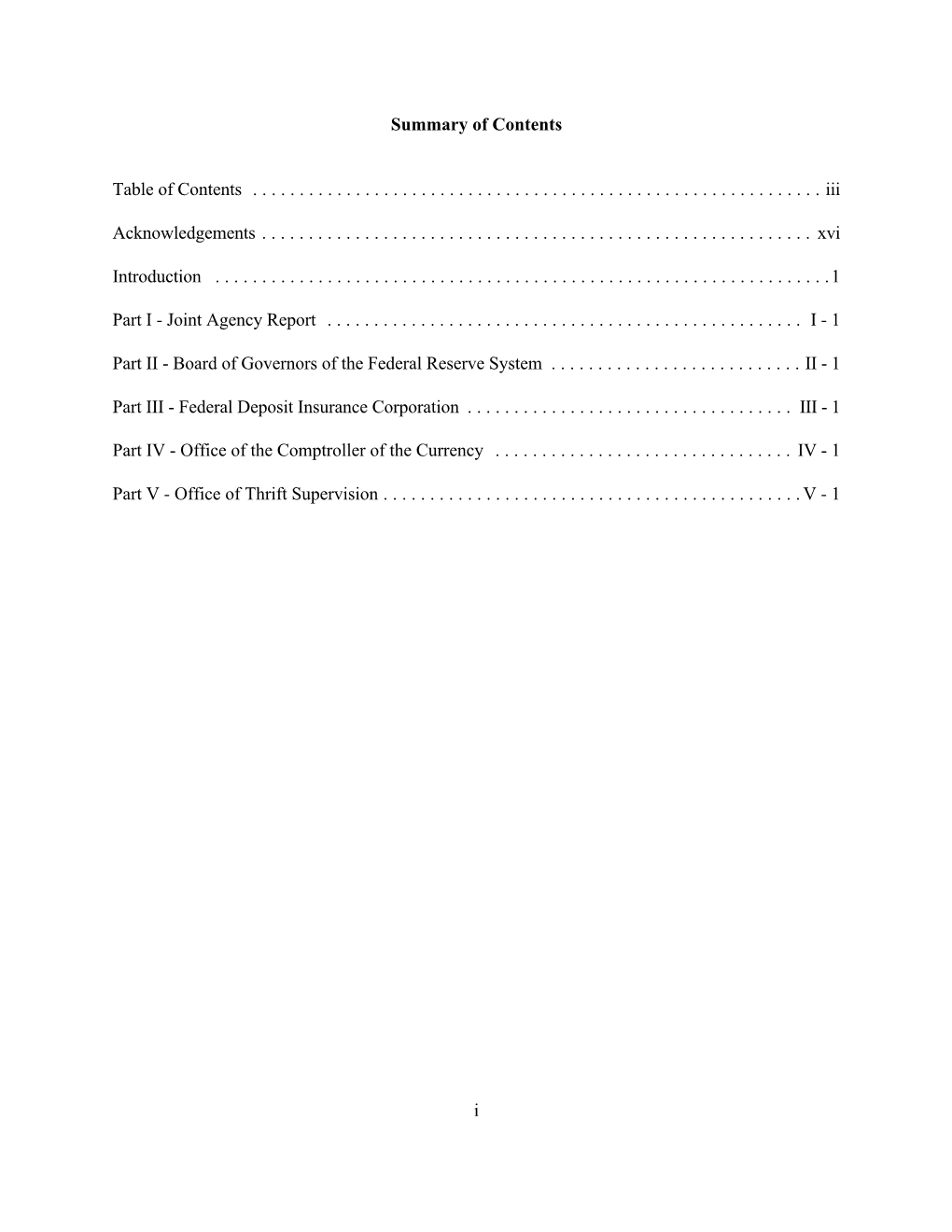 Riegle Report Table of Contents