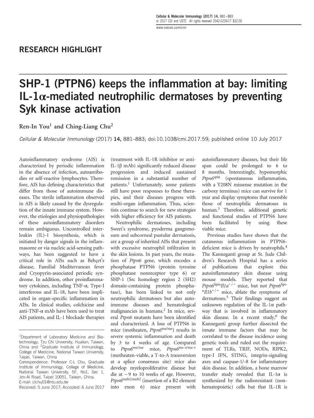 SHP-1 (PTPN6) Keeps the Inflammation at Bay: Limiting IL