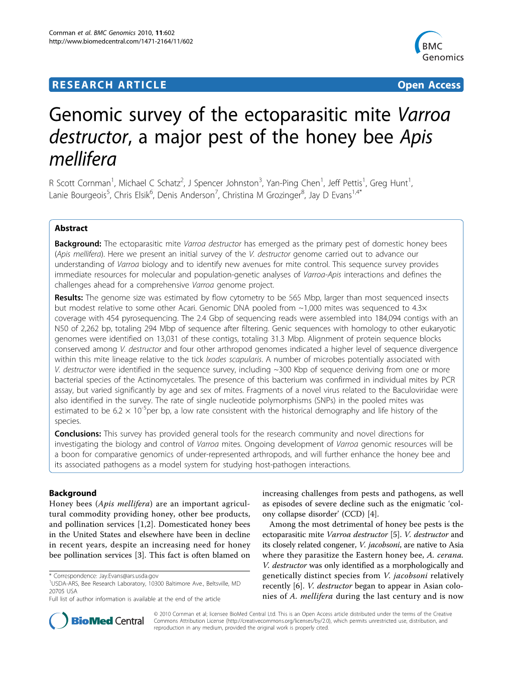 Genomic Survey of the Ectoparasitic Mite Varroa Destructor, a Major Pest