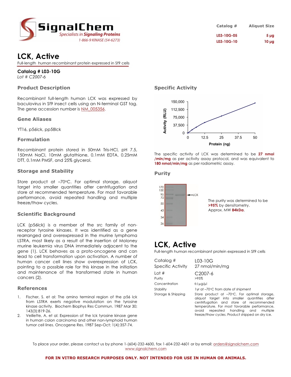 LCK, Active Full-Length Human Recombinant Protein Expressed in Sf9 Cells