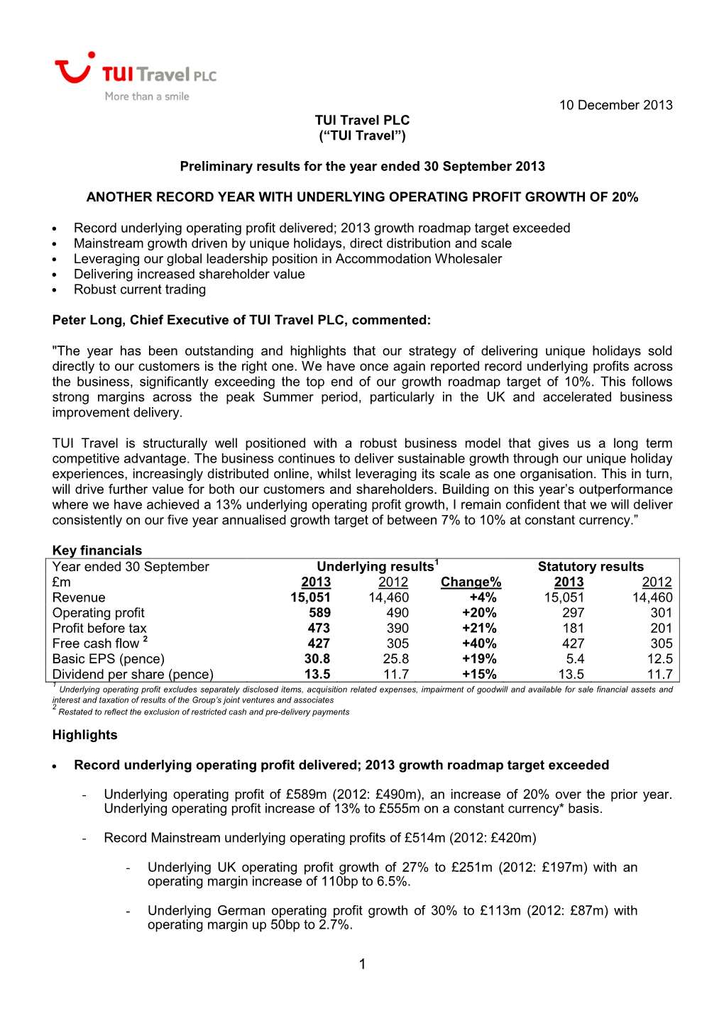 10 December 2013 TUI Travel PLC (“TUI Travel”) Preliminary Results For