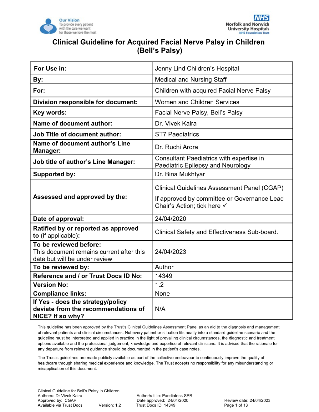 Clinical Guideline for Acquired Facial Nerve Palsy in Children (Bell's Palsy)