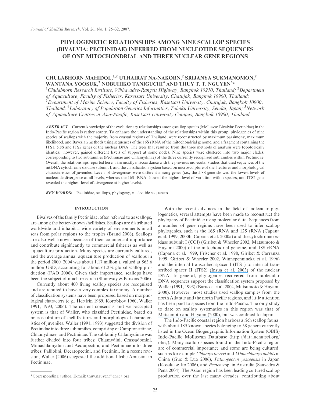 Bivalvia: Pectinidae) Inferred from Nucleotide Sequences of One Mitochondrial and Three Nuclear Gene Regions