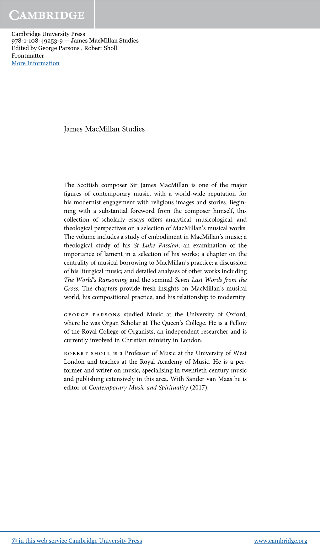 James Macmillan Studies Edited by George Parsons , Robert Sholl Frontmatter More Information