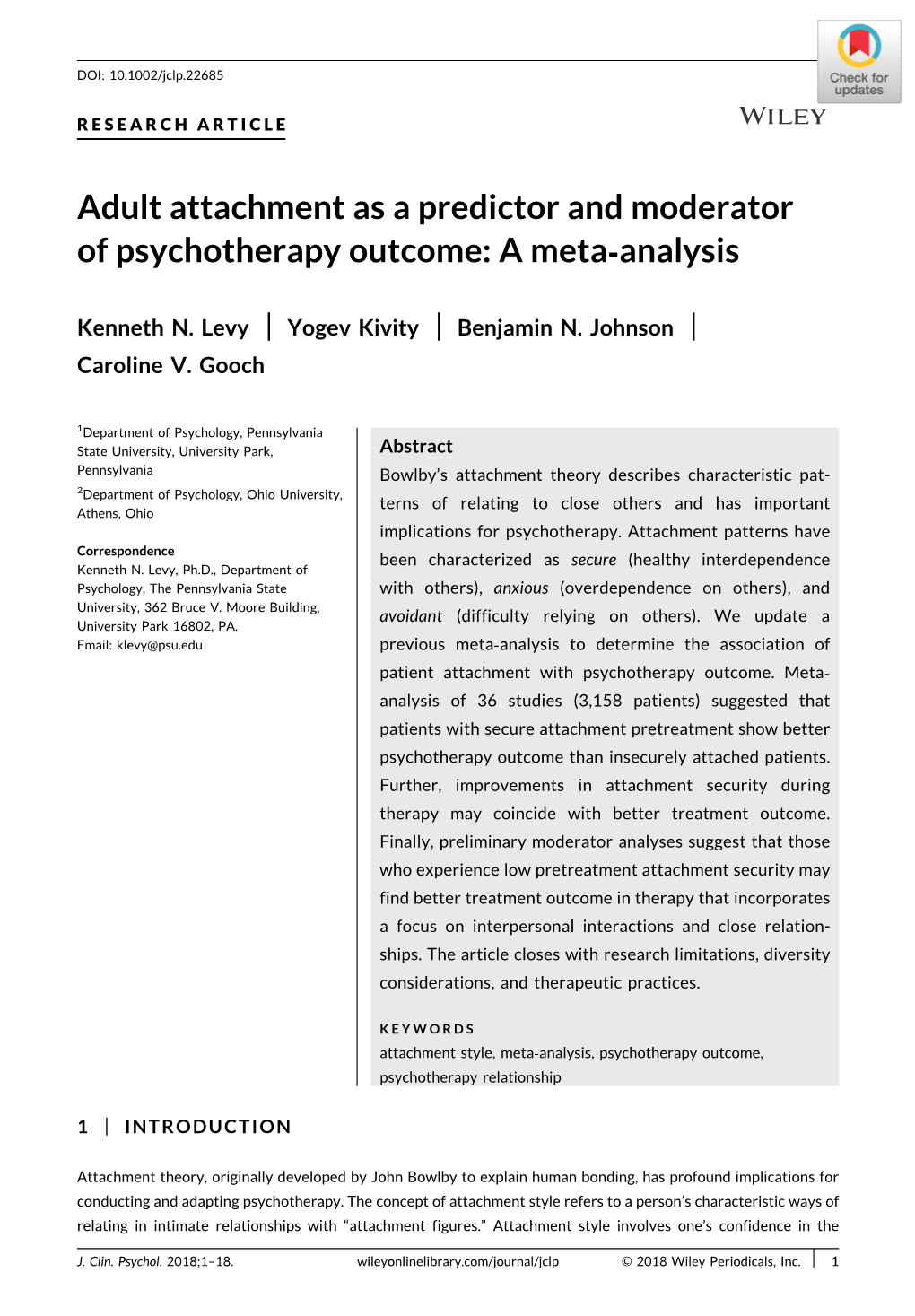 Adult Attachment As a Predictor and Moderator of Psychotherapy Outcome: a Meta‐Analysis