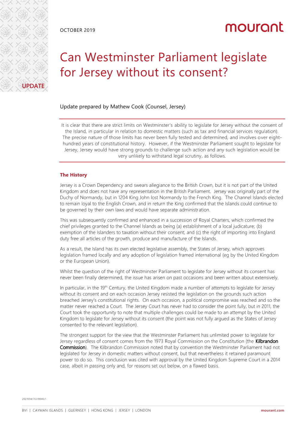 Can Westminster Parliament Legislate for Jersey Without Its Consent? UPDATE