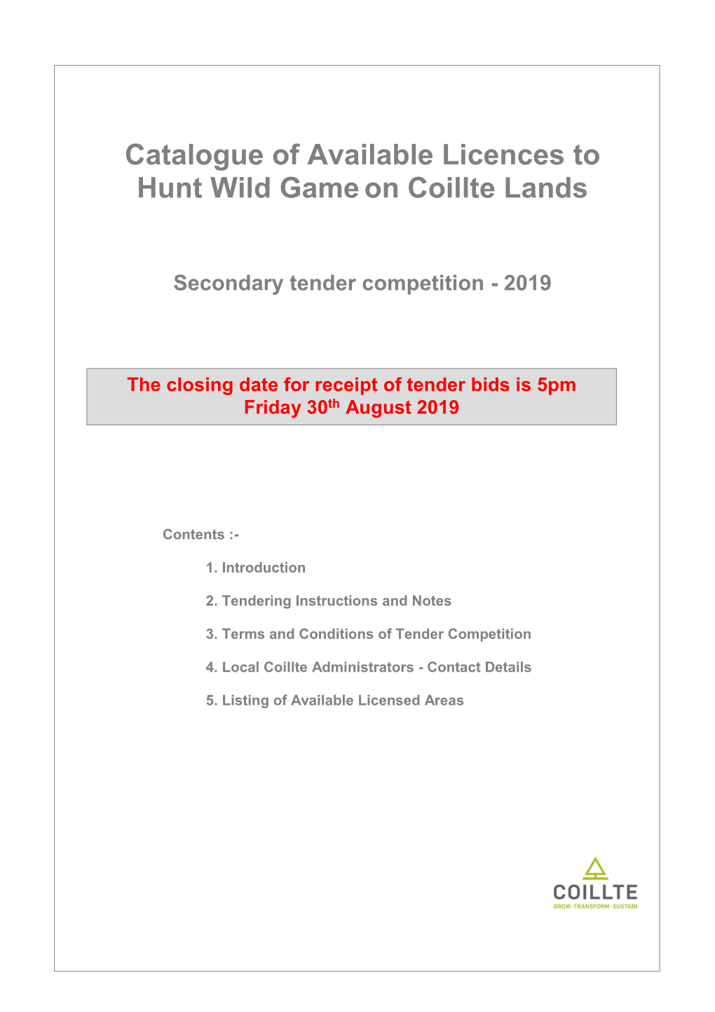 Catalogue of Available Licences to Hunt Wild Gameon Coillte Lands