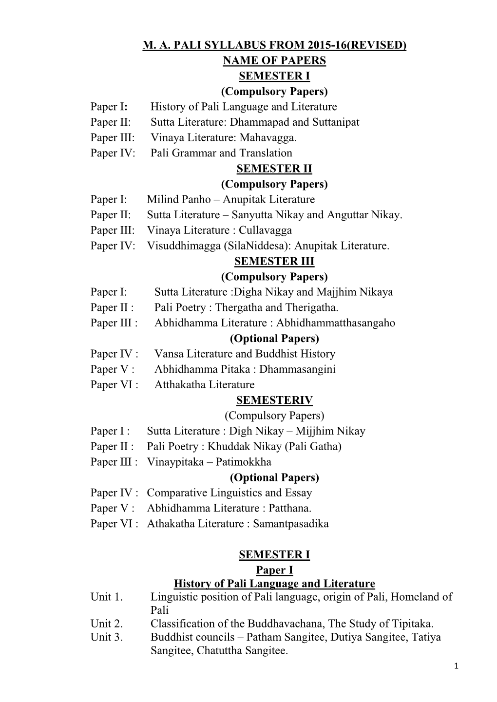 Paper I: History of Pali Language and Literature Paper II: Sutta Literature: Dhammapad and Suttanipat Paper III: Vinaya Literature: Mahavagga