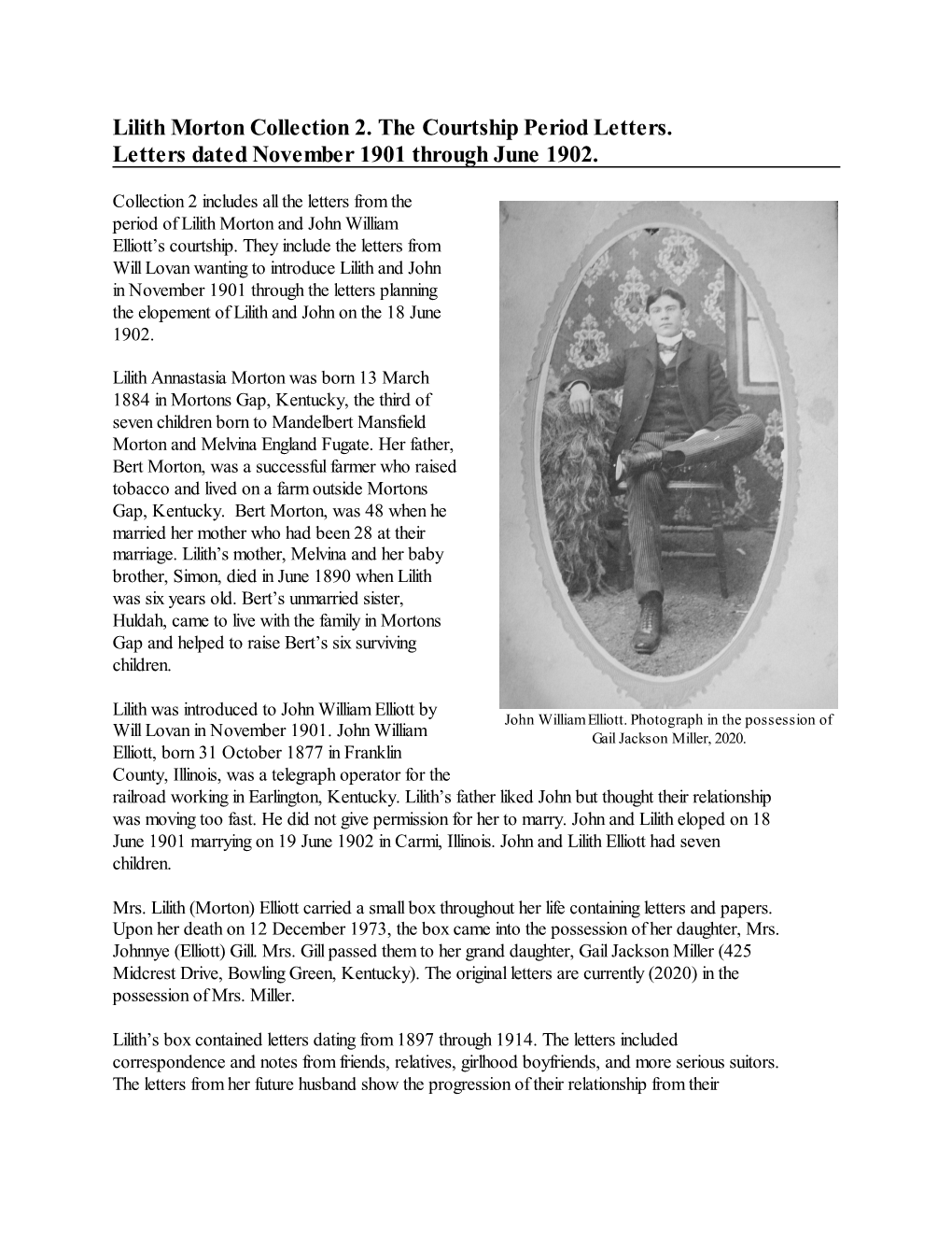 Lilith Morton Collection 2. the Courtship Period Letters. Letters Dated November 1901 Through June 1902