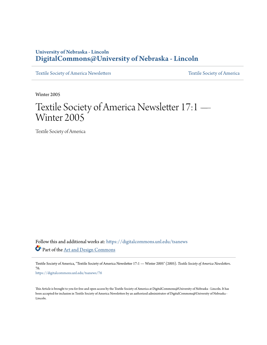 Textile Society of America Newsletter 17:1 — Winter 2005 Textile Society of America