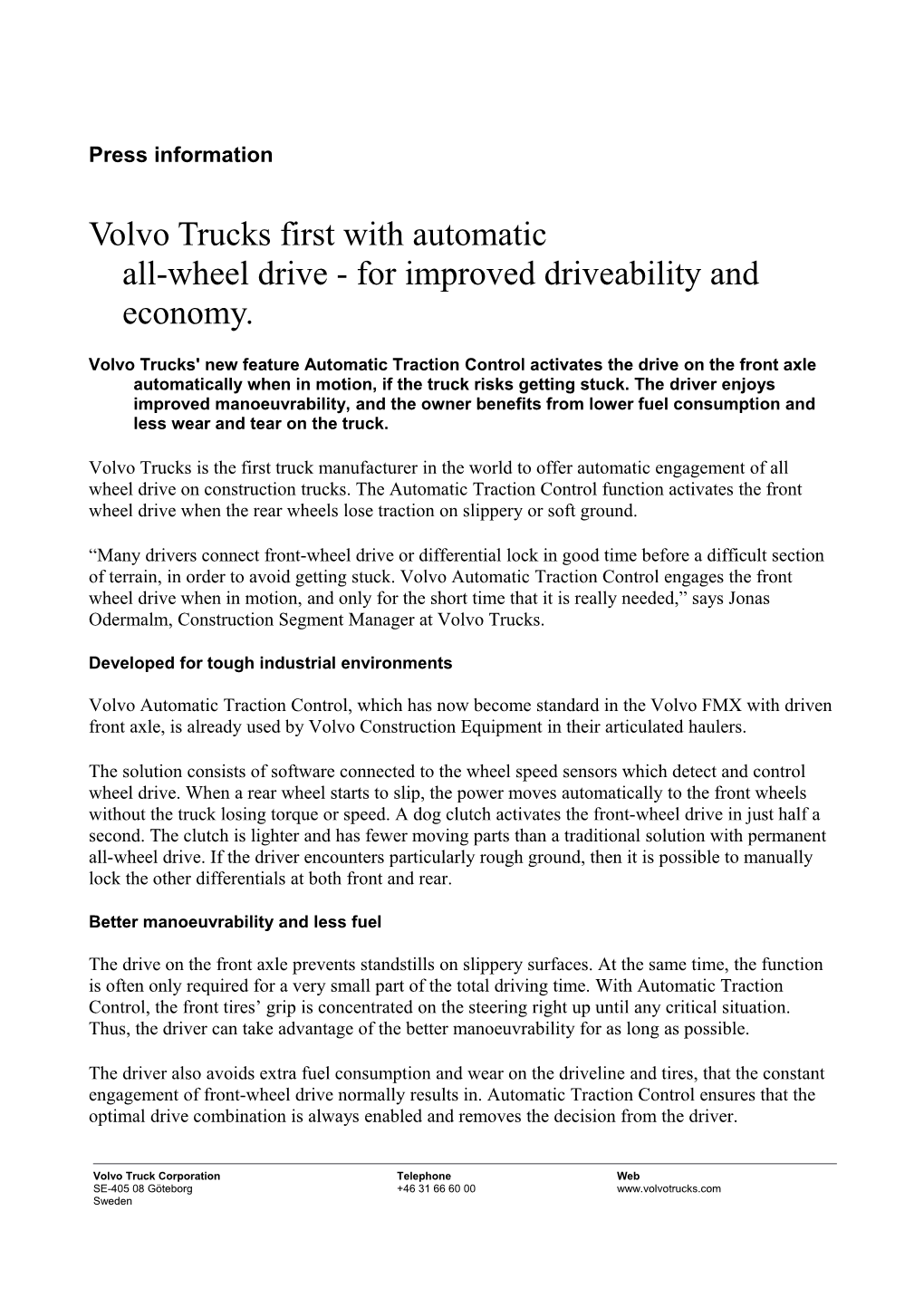 Volvo Trucks First with Automaticall-Wheel Drive - for Improved Driveability and Economy