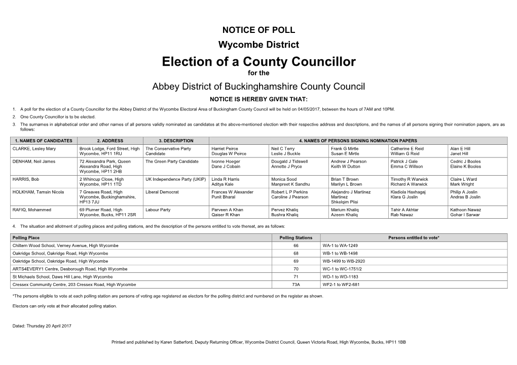 Bucks CC Elections 4 May 2017 Notice of Poll
