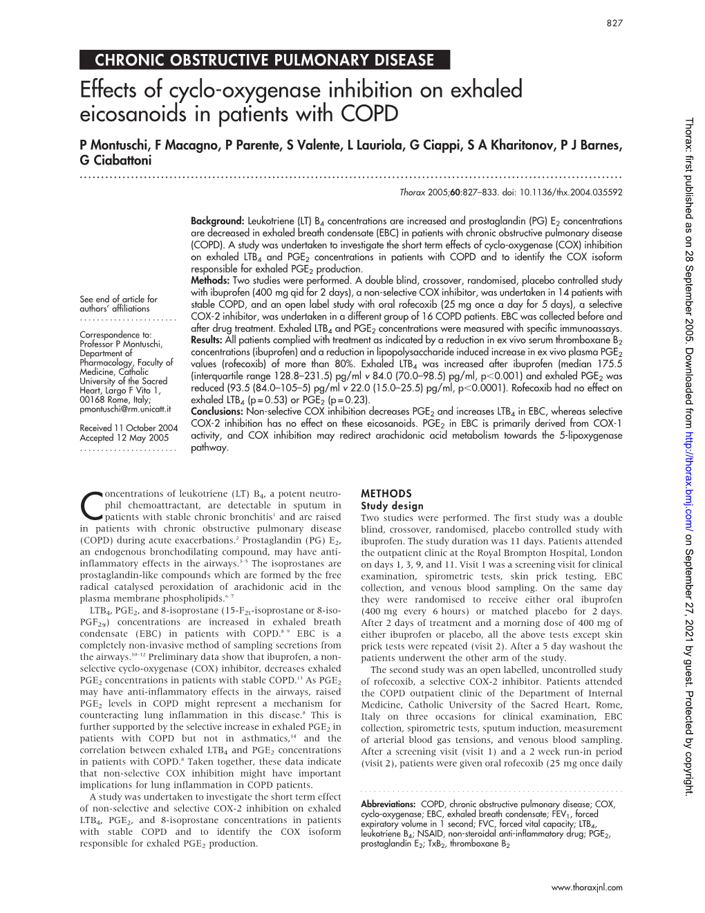 Effects of Cyclo-Oxygenase Inhibition on Exhaled Eicosanoids in Patients with COPD Thorax: First Published As on 28 September 2005
