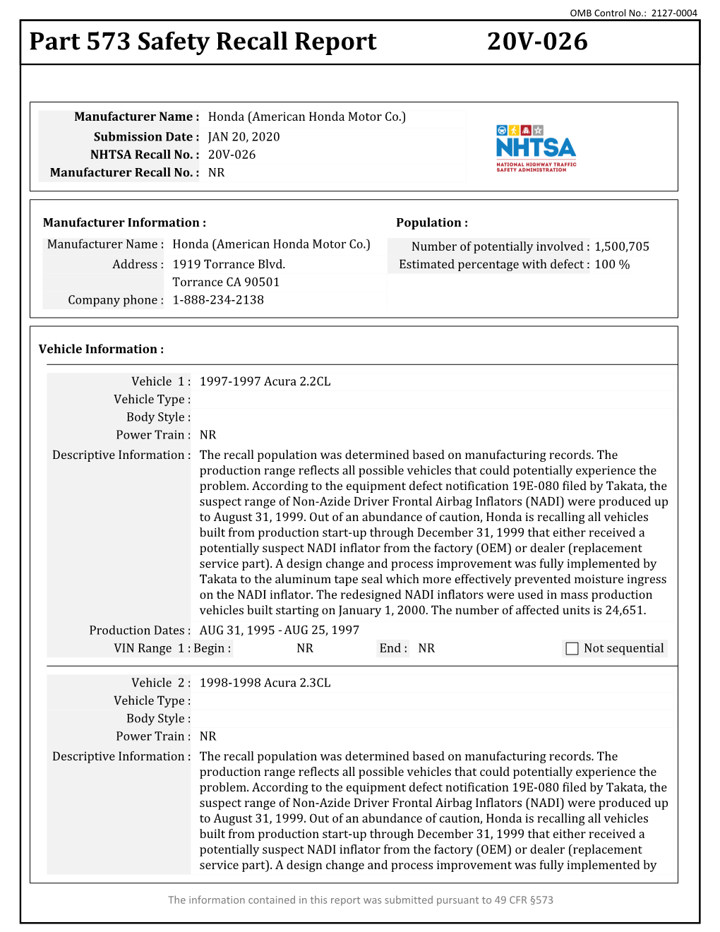 Part 573 Safety Recall Report 20V-026