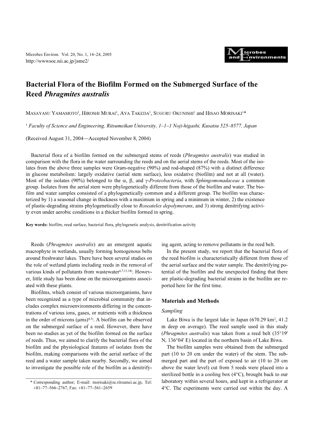 Bacterial Flora of the Biofilm Formed on the Submerged Surface of the Reed Phragmites Australis